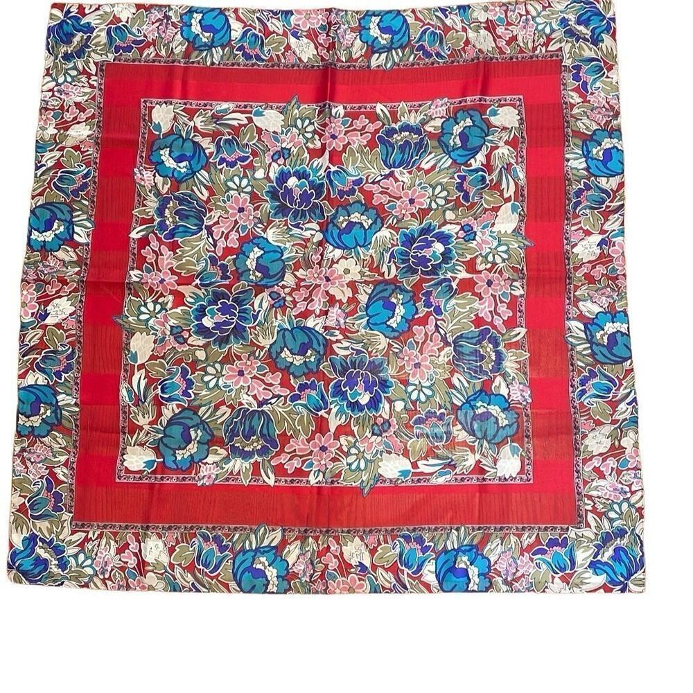 Red, pink, blue, white, & olive floral 31” square Lightweight silky scarf